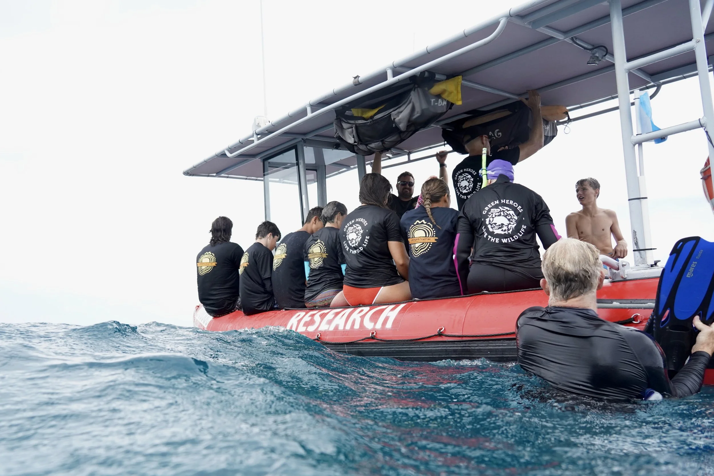 Green Heroes volunteers aboard the research vessel at Cook Island
